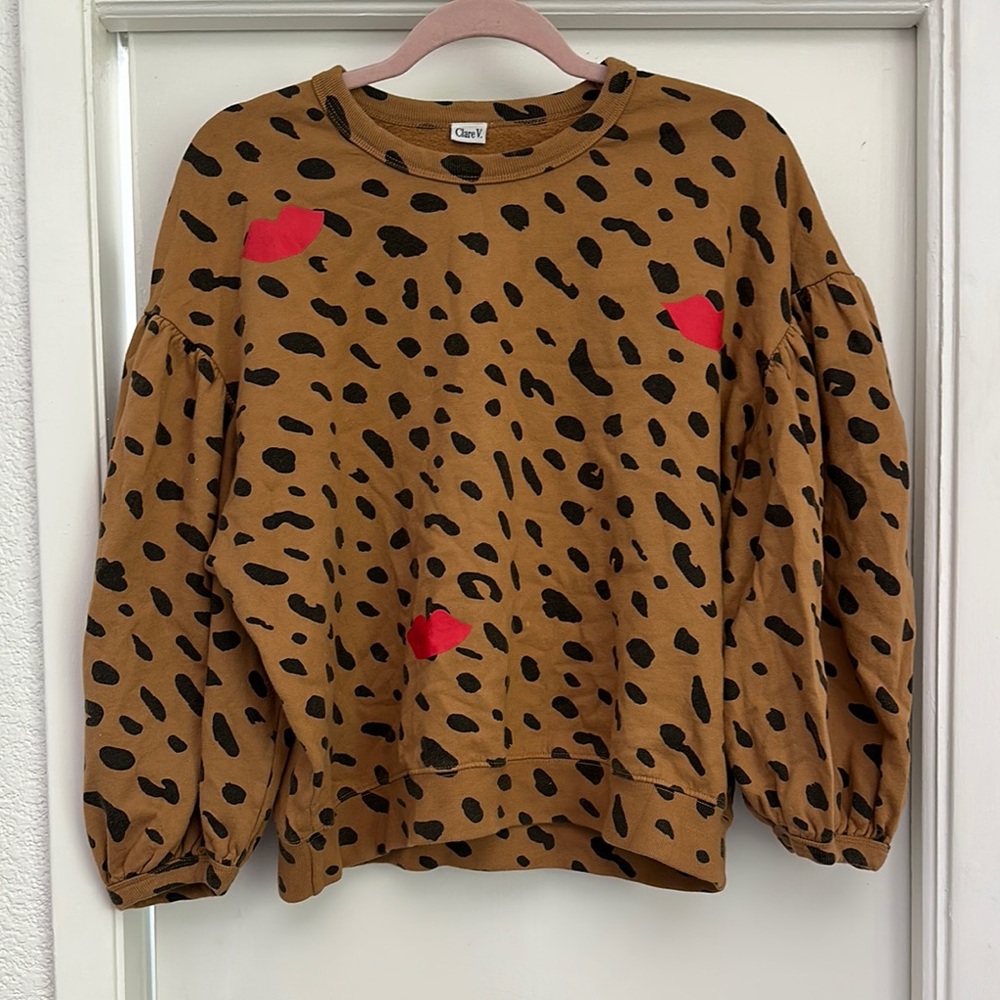 Clare V. Brown and Black Leopard Lips Print Sweatshirt.